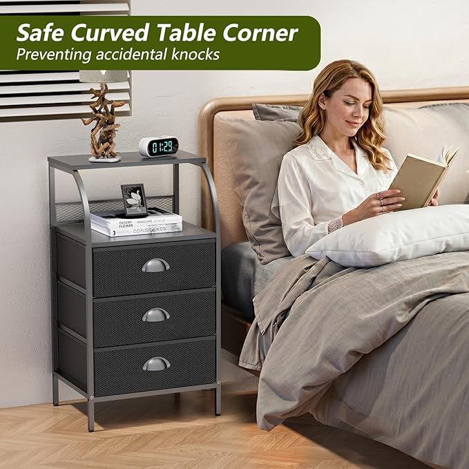 Nightstand with 3 Drawers, Bedside Table with 2-Tier Storage Shelf, Fabric Small Dresser Organizer, End Table Side Table, Living Room, Closet, Sturdy Steel Frame, Wood Top, Black