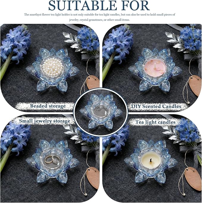 Crystal Flower Jewelry Tray, Luxury Transparent Decorative Trinket Dish for Rings, Earrings, Necklaces, Keys for Vanity Dresser Nightstand, Elegant Gift for Women Mother's Day (1, 4.4"(w) - Blue)