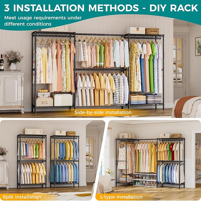 SINGAYE Clothes Rack Portable Closet Coat Wardrobe Heavy Duty Clothing Racks System Organizers and Storage for Hanging Clothes Garment Rack Adjustable with Shelves Black