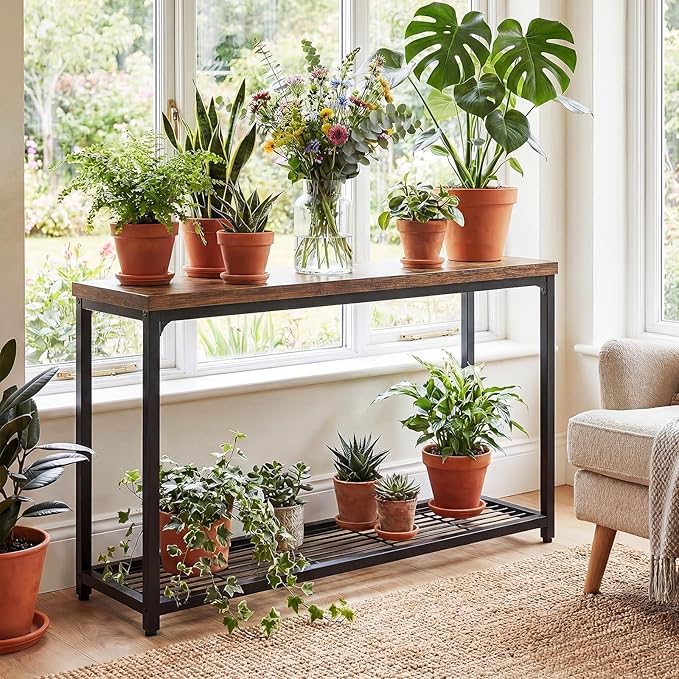 Besiost 47" Console Table with 2-Tier Storage, Industrial Narrow Entryway Table, Sofa Table Behind Couch for Hallway, Foyer & Living Room, Sturdy Metal Frame, Rustic Brown