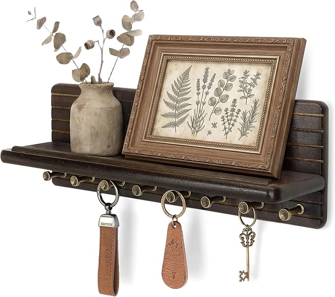 Rebee Vision Acacia Wood Key Holder Wall Mount for Room Decor – Farmhouse Key Holder for Wall with Floating Shelf for Small Plant – Decorative Entryway Organizer for Living Room(Dark Acacia)