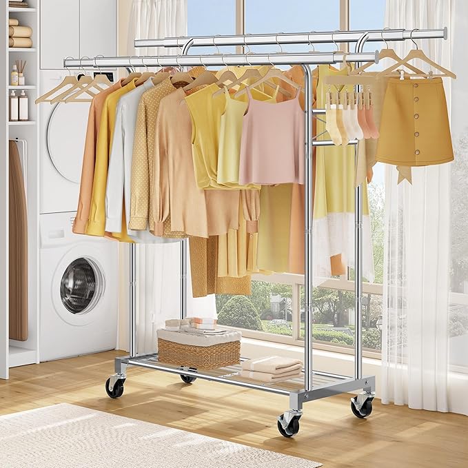 FAVOOSTY Clothes Rack for Hanging Clothes Double Rods, Rolling & Extending Clothing Rack with Wheels, Garment Coat Rack Freestanding, Portable Clothes Rack, Sliver