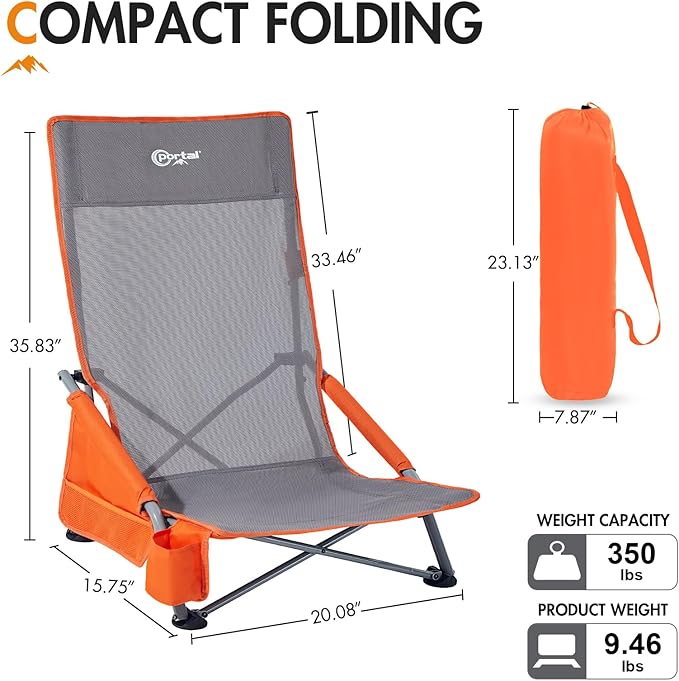 Portal High Back Beach Chair for Adults - Heavy Duty 350 lbs Folding Portable Sand Chair with Cup Holder & Side Pocket, Breathable Mesh Tall Camping Chair with Rotating Feet for Outdoor Travel Grey
