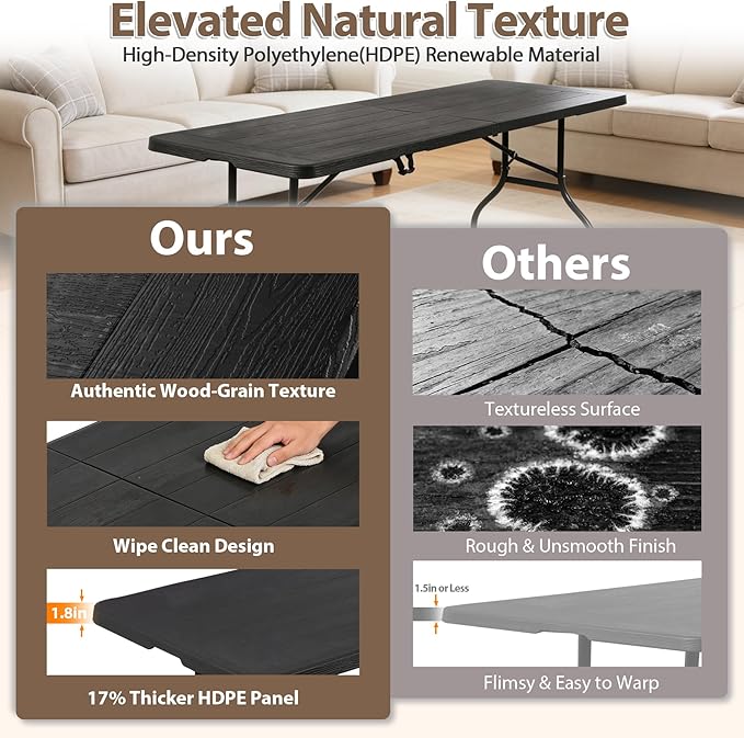 ZENY 8 Feet Plastic Folding Camping Table, Portable Indoor Outdoor Party Picnic Dining Table for Garden Soccer Party Wedding Multipurpose Entertaining Activities (Black)