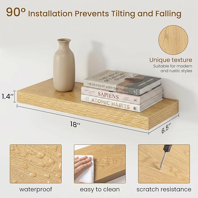 Dreamland 18" Floating Shelves, Rustic Wooden Black Wall Shelves for Bathroom|Bedroom|Kitchen, Deep Wall Mounted Book Shelf, Wood Storage Display Shelf for Home Decor, Set of 2