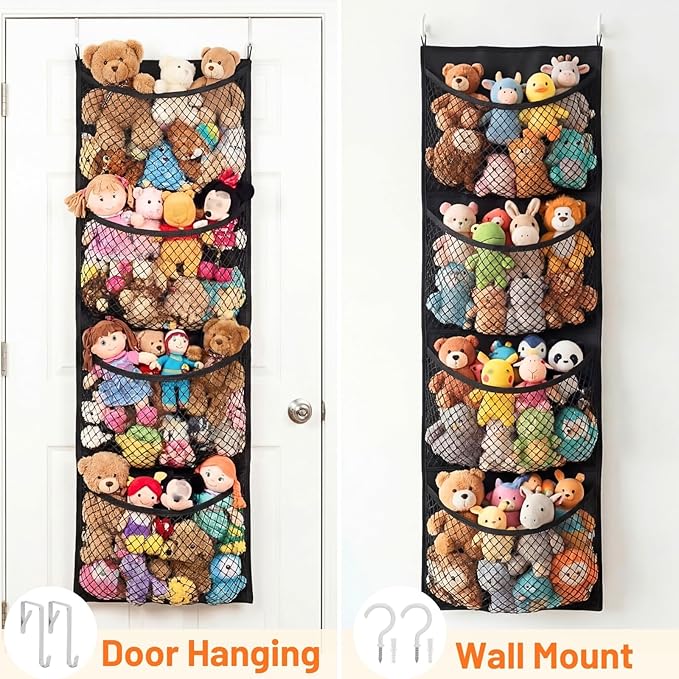 Ofiray-home Over The Door Stuffed Animal Storage, Cotton Toy Organizer for Storage Plush Toys, Stuffed Animal Holder with 4 Large Pockets, Hanging Door Organizer for Nursery, Bedroom (Black)