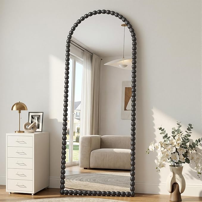 Antok 58" x 21" Arched Full Length Mirror, Antique Beaded Frame Floor Standing or Wall Mounted Mirror with Stand for Bedroom, Entryway, Black, Luxury Style