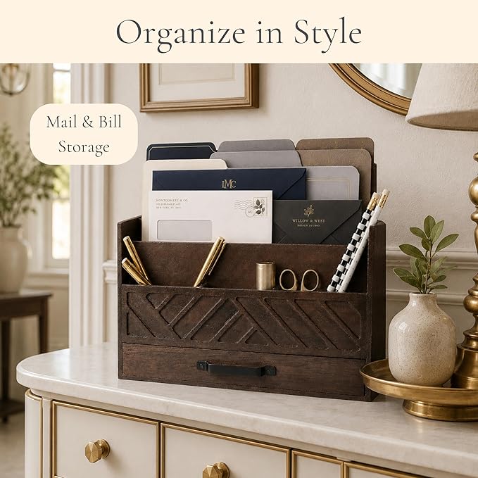 BLU MONACO | Wooden Mail Organizer with Drawer and Compartments | Mail Sorter Organizer Countertop for Desk Entryway | Outgoing Mail Holder Wood Desktop File Storage