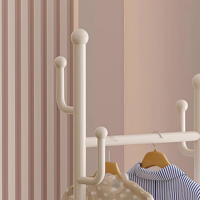Rolling Coat Rack with Wheels, Freestanding Garment Rack with 6 Hooks & Mesh Storage Basket, Portable Clothing Rack Stand for Entryway, Bedroom, Closet, Cream White(Off-White)