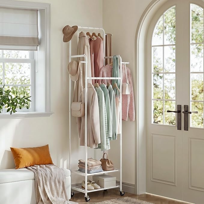 Clothing Rack with Wheels, 71" Portable Rolling Clothes Rack with 2 Shelves and 4 Hanging Rods, Small Garment Rack with 4 Hooks, Sturdy Metal Coat Rack for Bedroom, Laundry Room, White