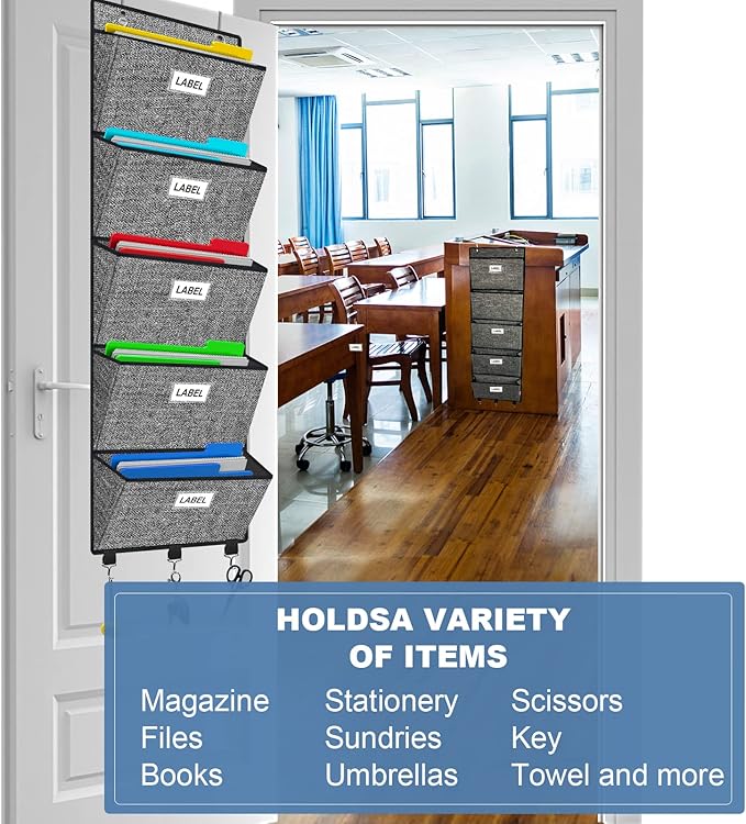 Homyfort Over the Door File Organizer, Hanging Wall File Folders with 5 Large Pockets for Papers, Charts, Mails, Magazine, Office and Back To Supplies Storage and Organization (Black)