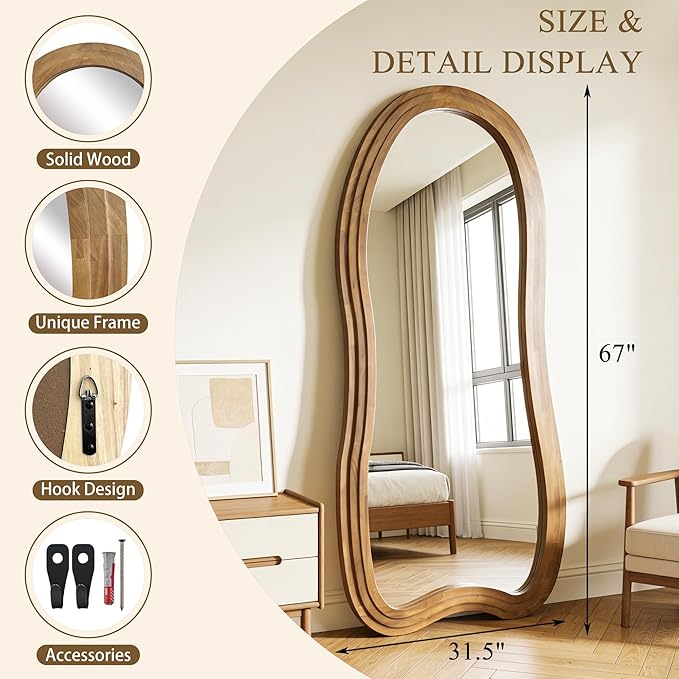 Large Irregular Floor Mirror, 67"x31.5" Organic Shaped Mirrors with Triple-Layer Solid Wood Frame, Asymmetrical Full Length Mirror for Entryway Living Room Bedroom Hallway, Leaning/Hanging
