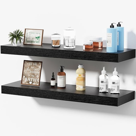24 Inch Black Floating Shelves for Bathroom Storage, Wall Mounted Wood Shelves for Bedroom, Living Room & Kitchen, Modern Display Shelves Set of 2