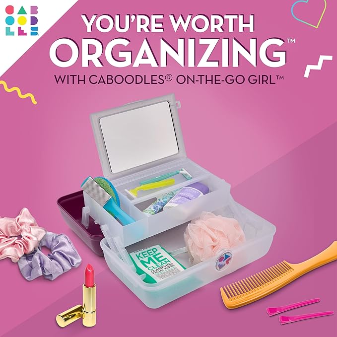 Caboodles On-The-Go Girl Makeup Box, Two-Tone Violet on Silver Sparkle, Hard Plastic Makeup Organizer Box, Built-In Mirror, Secure Latch for Safe Travel, Spacious Storage for Large Items