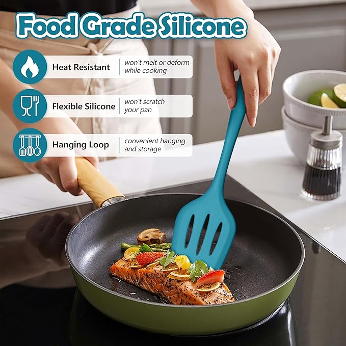 LIANYU 14 Pcs Cooking Utensils Set with Holder, Heat Resistant Silicone Kitchen Cookware Utensils Set, Kitchen Cooking Tools Includes Spatula Spoon Turner Whisk Tong, Dishwasher safe, Dark Blue