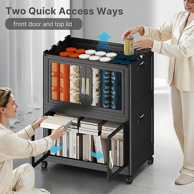 UAMFURI Stackable Storage Bins with Lids, Clear Doors, Large Storage Cabinet Foldable Collapsible Closet Organizers for Bedroom Dorm Office (2, Black, 120, Quarts)