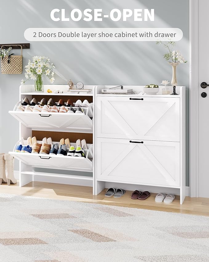 Shoe Cabinet Organizer with 2 Flip Drawers, Freestanding Narrow Shoe Rack for Entryway, Freestanding Hidden Shoe Storage Cabinet for Entryway, Hallway, Living Room, Bedroom, White