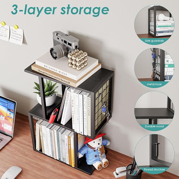 Small Bookshelf Desk Organizer，3-Tier Shelf for Top of Desk Workspace Organizers for Office Accessories, Black