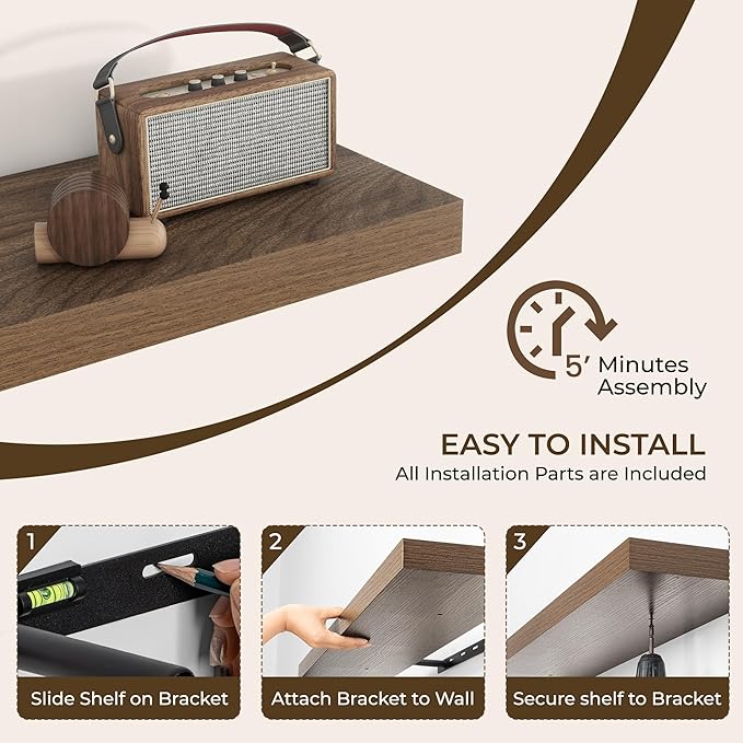RICHFOCUS 48Inch Floating Shelves for Wall 1 Pack Shelves for Bedroom|Kitchen|Bathroom Wall Mounted Rustic Wood Floating Shelf with Invisible Brackets for Books|Storage|Decor, Walnut