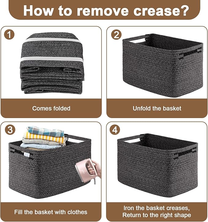 OIASKET Storage Baskets for Organizing, Woven Decorative Baskets for Shelves - Books, Towels, and Clothes, Cotton Rope Toy Storage Bins, 12.7''Lx9''Wx7.8''H, Pack of 4, Black and White