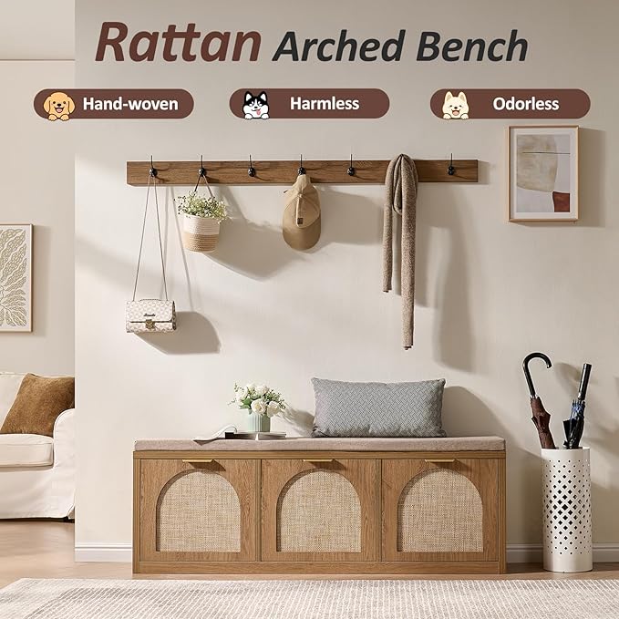 Rattan Narrow Entryway Bench with Shoe Storage, 3 Flip Drawers & Coat Rack, Mid-Century Modern Wood Shoe Cabinet with Seat Cushion for Foyer/Hallway (Rustic Oak Rattan)