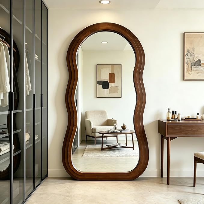 Wavy Full Length Mirror, 71"x33.5" Oversized Organic Floor Mirrors with Triple-Layer Solid Wood Frame, Irregular Full Body Mirror for Living Room Entryway Hallway Cloakroom, Leaning/Hanging