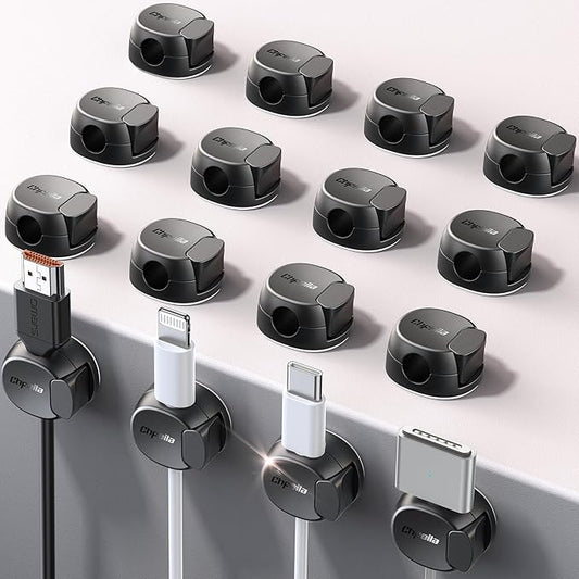 16Pack Cord Organizer [Dual Spring & Clasp, Max Secure] Cable Clips - Chfeila Cord Holder, Desk Cable Management, Adhesive Phone Charging Wire Holder for Nightstand/Car/Wall, Office Accessory - Black