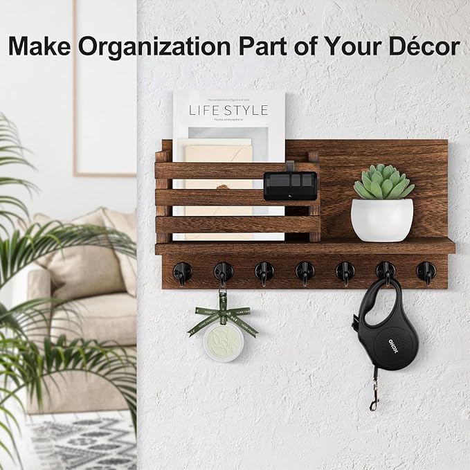Lwenki Key Holder for Wall – Decorative Wooden Mail Holder and Key Shelf with Mounting Hardware, Installation Guide – Paulownia Wood with Metal Key Hooks (Brown, Extra Large - 15.6inch)