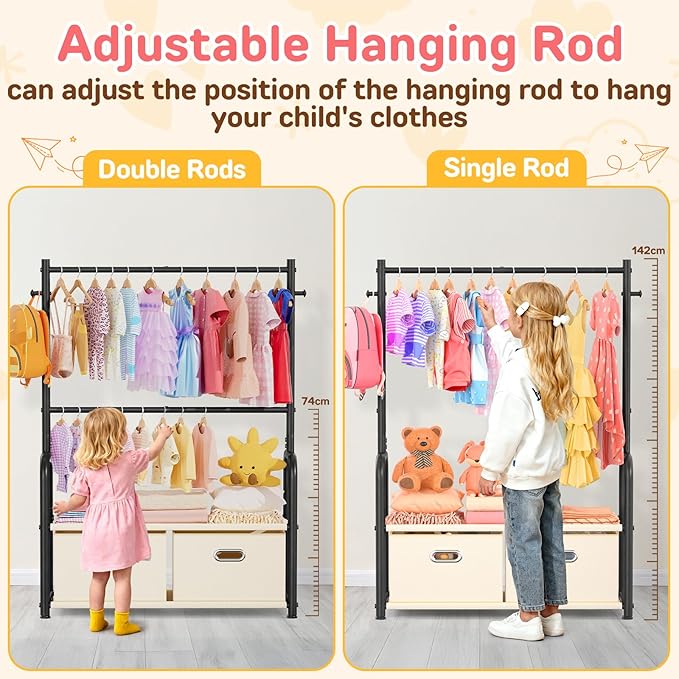Kids Clothes Rack with 2 Tier Storage Racks and 2 Adjustable Hanging Poles, Small Baby Closet Organizer for Hanging Clothes, Kids Dress Up Rack (Upgrad, Black)