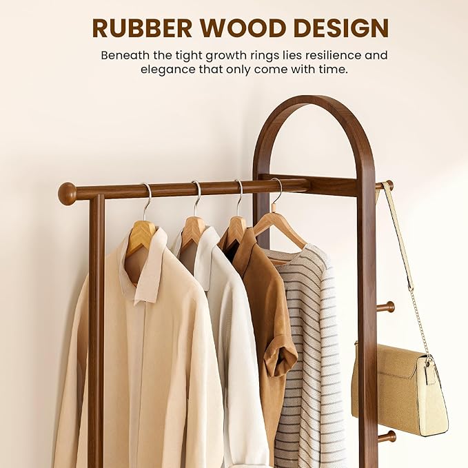 31.5" Wide 3-in-1 Freestanding Clothing Rack,Wooden Coat Rack with 2 Shelves and 6 Hooks,Solid Rubber Wood Coat Rack with Shelves for Entryway, Bedroom, Living Room, Walnut