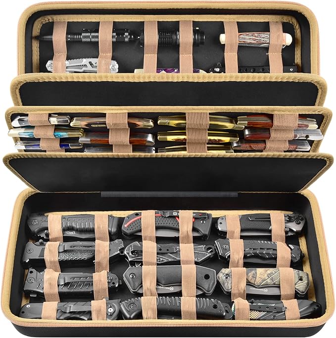 Knife Display Case for 64+ Pocket Knives, Butterfly Knife Storage Box, Folding Knives Organizer Holder, Knives Collection Organized Carrier for Survival, Tactical, Outdoor, EDC Mini Knife - Brown