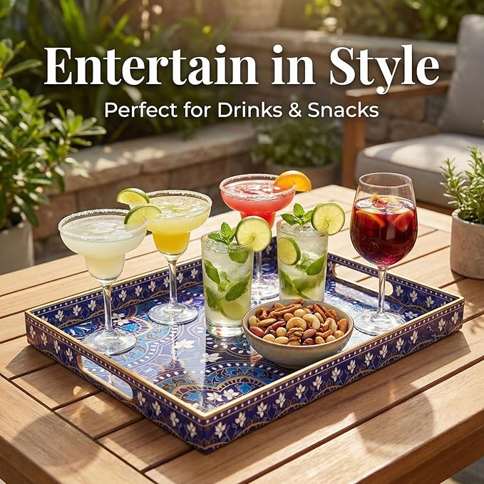 Decorative Serving Tray with Handles - 15.7" x 11.8" Blue Mandala Pattern Rectangular Plastic Platter - Boho Coffee Table Tray for Ottoman, Breakfast in Bed & Living Room Decor