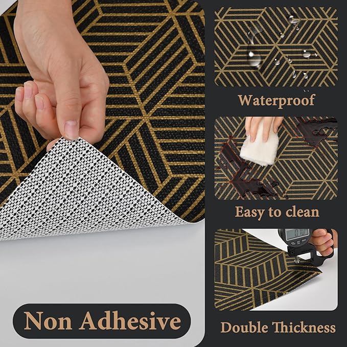 Shelf Liners for Kitchen Cabinets 23in x 20FT, Non Adhesive Cabinet Liner Strong Non-Slip Black Gold Geometric Drawer Liner, Easy to Clean for Shelf, Cabinet with Knife and Tape Measure