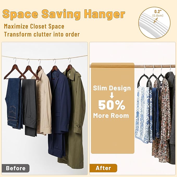 Arc Design No Shoulder Bump Plastic Hangers 50 Pack,Ultra Thin Non-Slip Hangers for Clothes,Heavy Duty Coats Hangers,360°Swivel Silver Hook,Space Saving Closet Organizer for Suit,Sweater,Jackets(Black