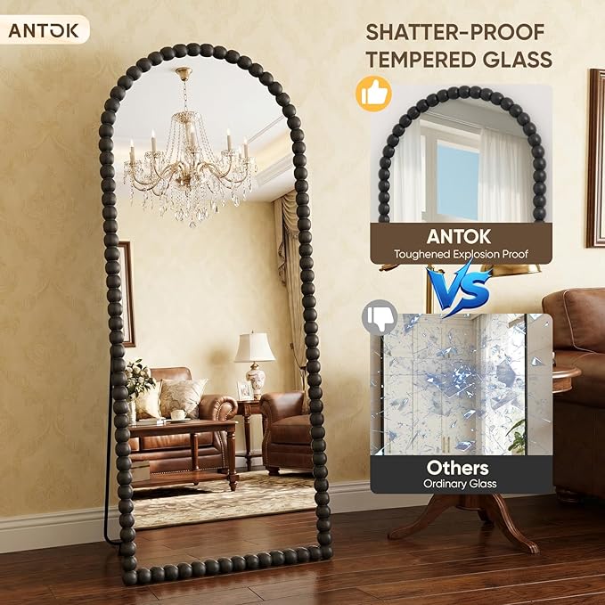 Antok 58" x 21" Arched Full Length Mirror, Antique Beaded Frame Floor Standing or Wall Mounted Mirror with Stand for Bedroom, Entryway, Black, Luxury Style