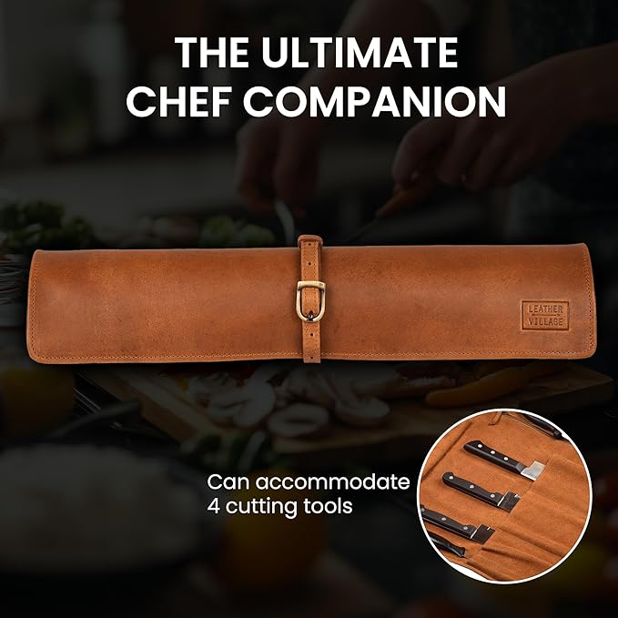 LEATHER VILLAGE Genuine Leather Knife Roll Bag – Professional Chef Carrying Case, Durable Sheath Holder, Cooks & Culinary Tools Organizer, Portable Travel Storage with 4 Slots & Zipper - Tan