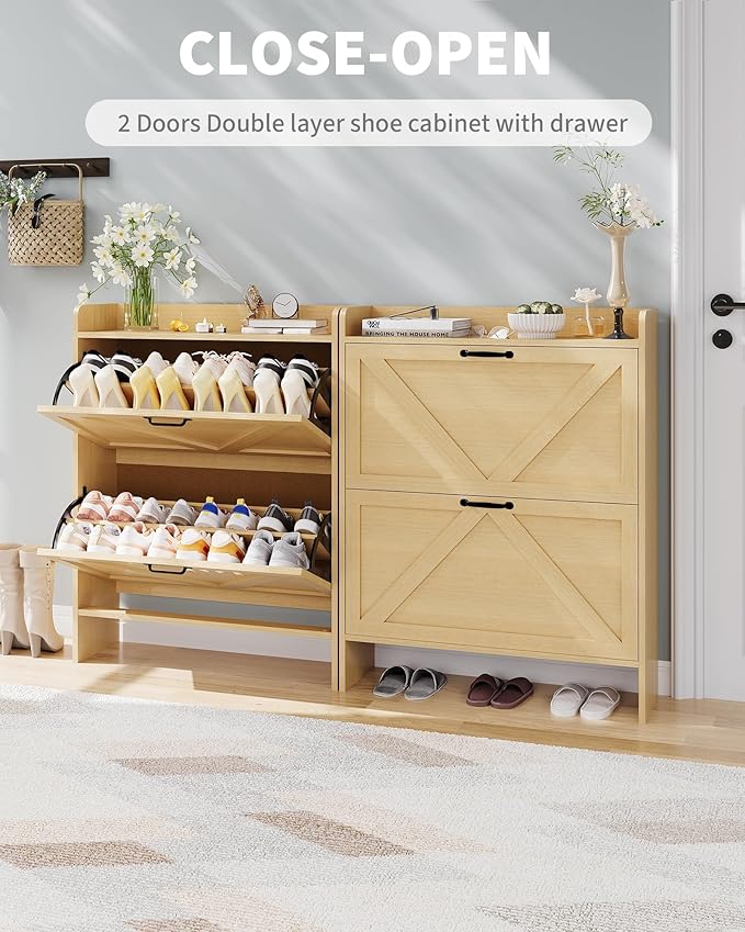 Shoe Cabinet Organizer with 2 Flip Drawers, Freestanding Narrow Shoe Rack for Entryway, Freestanding Hidden Shoe Storage Cabinet for Entryway, Hallway, Living Room, Bedroom, Natural