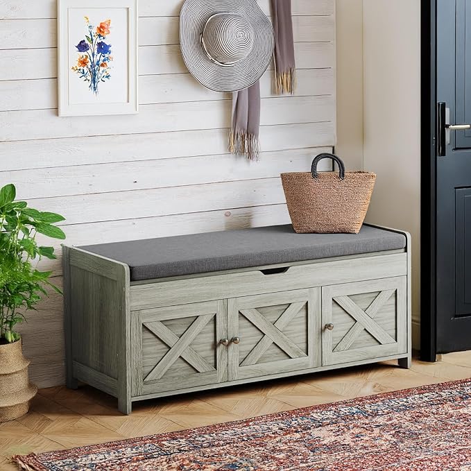 Pipishell 2-Tier Shoe Storage Bench with Cushioned Seat, Entryway Bench with Adjustable Shelf & Barn Doors, 300 lbs Capacity, 39.4" W x 16" D x 18" H, for Entryway, Bedroom, Living Room, Gray