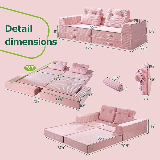 Folding Sofa Bed, 4 in 1 Convertible Sleeper Chair with Pillow, Loveseat Memory Foam Fold Out Chair Bed, Modern Floor Futon Sofa Couch Mattress for Living Room/Guest/Apartment, Pink