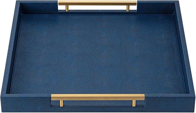 Navy Blue Faux Leather Large Square Decorative Serving Tray with Handles – for Coffee Table, Ottoman, Living Room, Bathroom & Home Decor