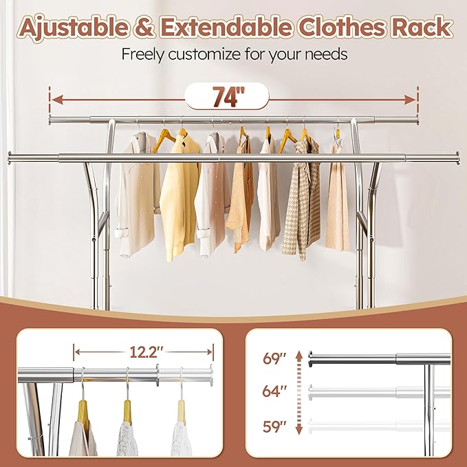 Raybee Clothing Rack Load 630 LBS, Clothes Racks for Hanging Clothes, Rolling Heavy Duty Clothing Rack, Metal Garment Rack for Clothes Storage Bedroom Closet Laundry Room