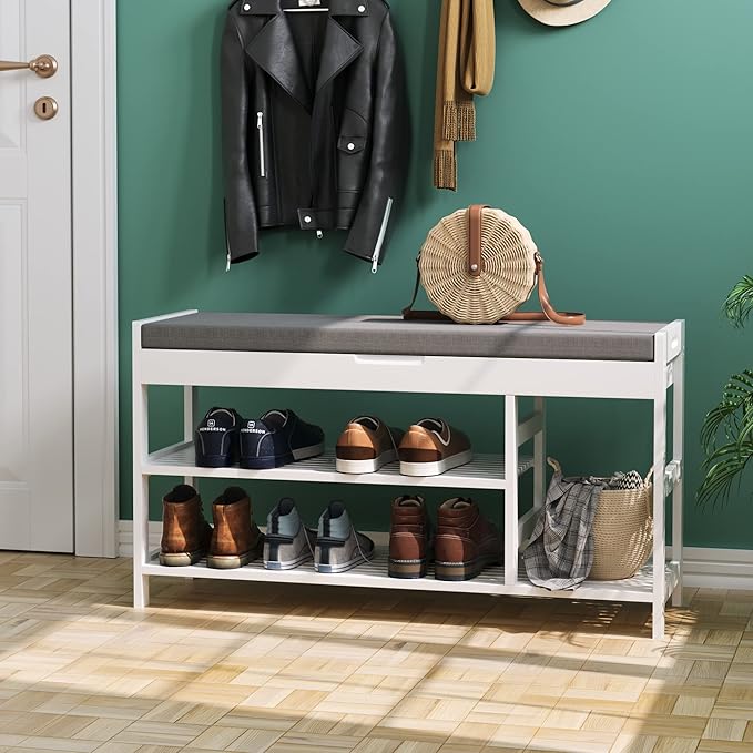 HIFIT 2-Tier Entryway Shoe Rack Bench with Storage, 36 in Bamboo Storage Bench with Padded Seat, Shoe Oiganizer Shelf for Entryway Mudroom Bathroom Hallway, White