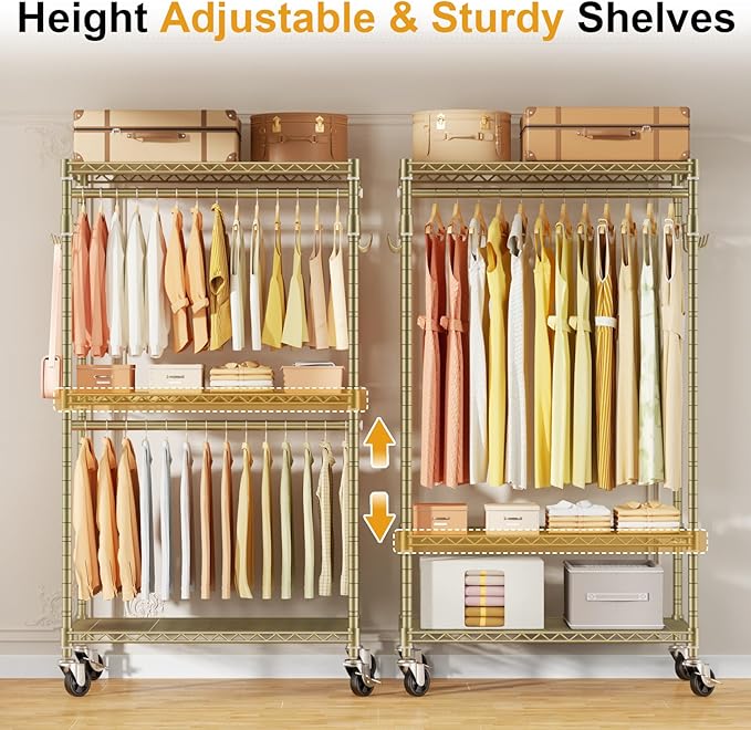 ULIFHOME P1 Rolling Clothes Rack, Portable Wardrobe Closet with Wheels, Heavy-Duty Closet Clothing Rack for Hanging Clothes, 35.5" W x 15.7" D x 80.5" H, Hold 500lbs, Gold