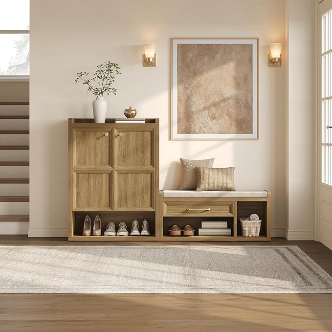 SICOTAS Shoe Benches with Storage Set of 2, Farmhouse 86.6" Extra Wide Entryway Benches with Cushion, Drawer & Tall Boot Shelf, 18.9" Comfort Height Seat for Hallway Bedroom Mudroom,Brown Oak