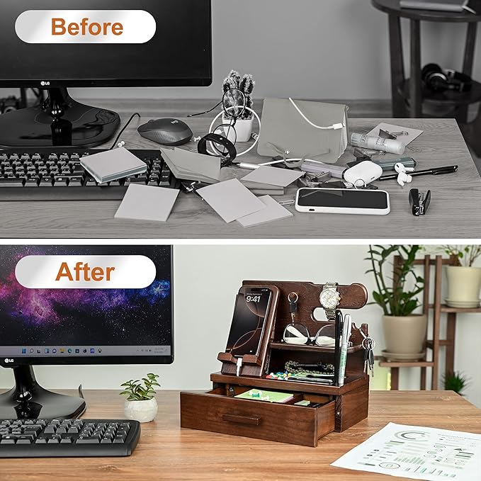 TESLYAR Wood Phone Docking Station with Drawer - Nightstand Organizer - Desk Organizer for Husband - Birthday Gifts for Men, Dad, Anniversary, Key Holder Stand Watch, Accessories (Chocolate Brown)