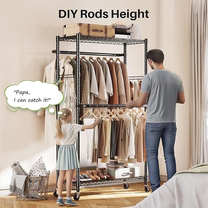 HOKEEPER Clothes Racks 400 LBS Heavy Duty Clothing Racks for Hanging Clothes Adjustable Coat Rack with Wheels & Hooks Freestanding Wire Garment Rack Portable Closet Wardrobe 74.8''H*38.2" W