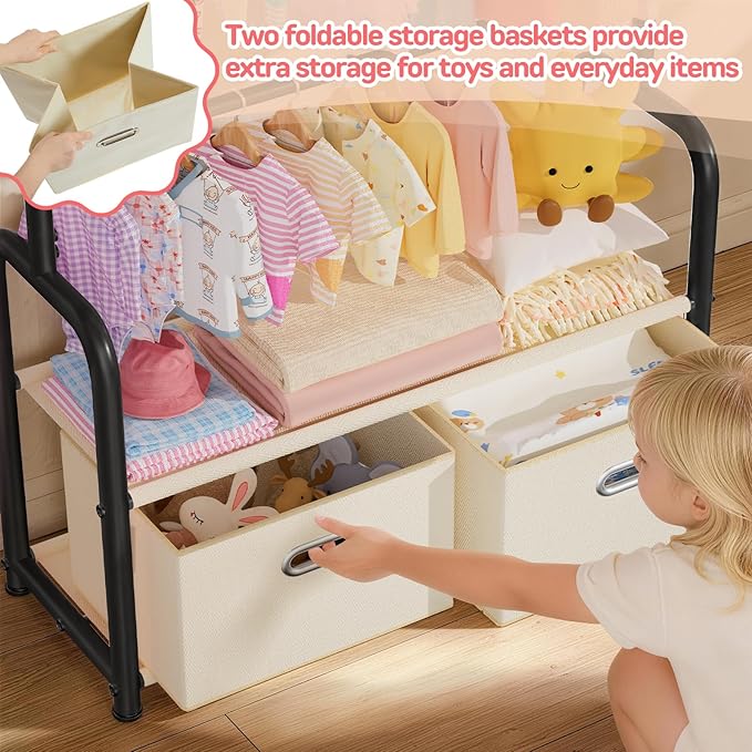Kids Clothes Rack with 2 Tier Storage Racks and 2 Adjustable Hanging Poles, Small Baby Closet Organizer for Hanging Clothes, Kids Dress Up Rack (Upgrad, Black)