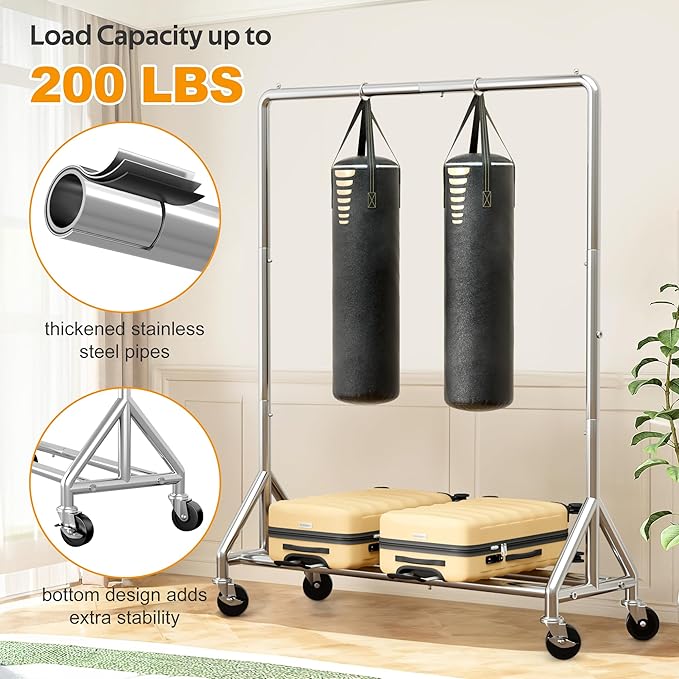 AOODA 50'' W Heavy Duty Clothes Rack for Hanging Clothes, Double Rods Industrial Clothing Rack with Wheels, Sturdy Rolling Garment Rack for Shirts, Coats, Jackets (Silver)