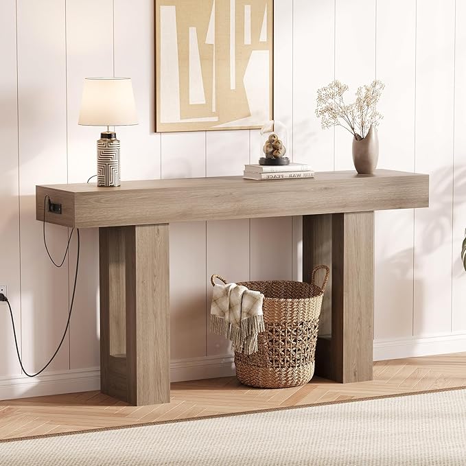 IDEALHOUSE 63" Entryway Table, Wood Console Table with Charging Station, Extra Long Sofa Table, Narrow Hallway Foyer Table for Entryway, Hallway, Living Room, Grey