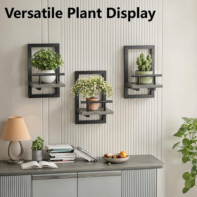 Sbosbo Floating Shelves for Wall, Plant Shelf Indoor, Wall Planters for Indoor Floating Plant Shelves for Bedroom, Living Room, Kitchen, Office, Bathroom Decor (Grey, 3 Pack)